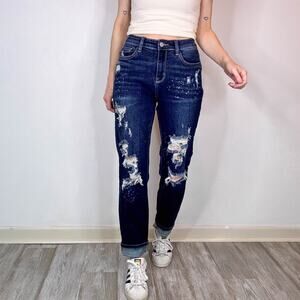 JUDY BLUE Boyfriend Fit distressed jeans high rise dark wash 3092